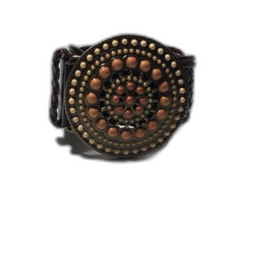 Fades Glory Braided Woven Beaded Circle Buckle Belt Women's S/M Brown Medallion